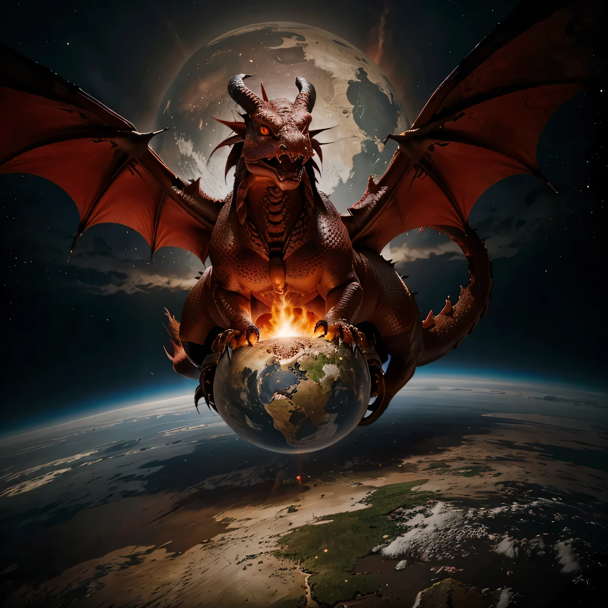 Strong red European dragon, piercing red eyes, engulfing earth, tail wrapped around earth, head facing viewer, PI