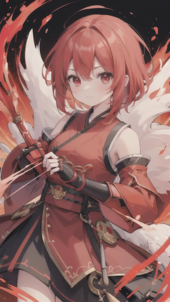 (best quality, vibrant colors:1.2),red bobblehead,vibrant red eyes,red and black Hanfu armor,red gauntlets,chicken
