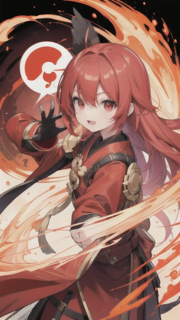 (best quality, vibrant colors:1.2),red bobblehead,vibrant red eyes,red and black Hanfu armor,red gauntlets,chicken