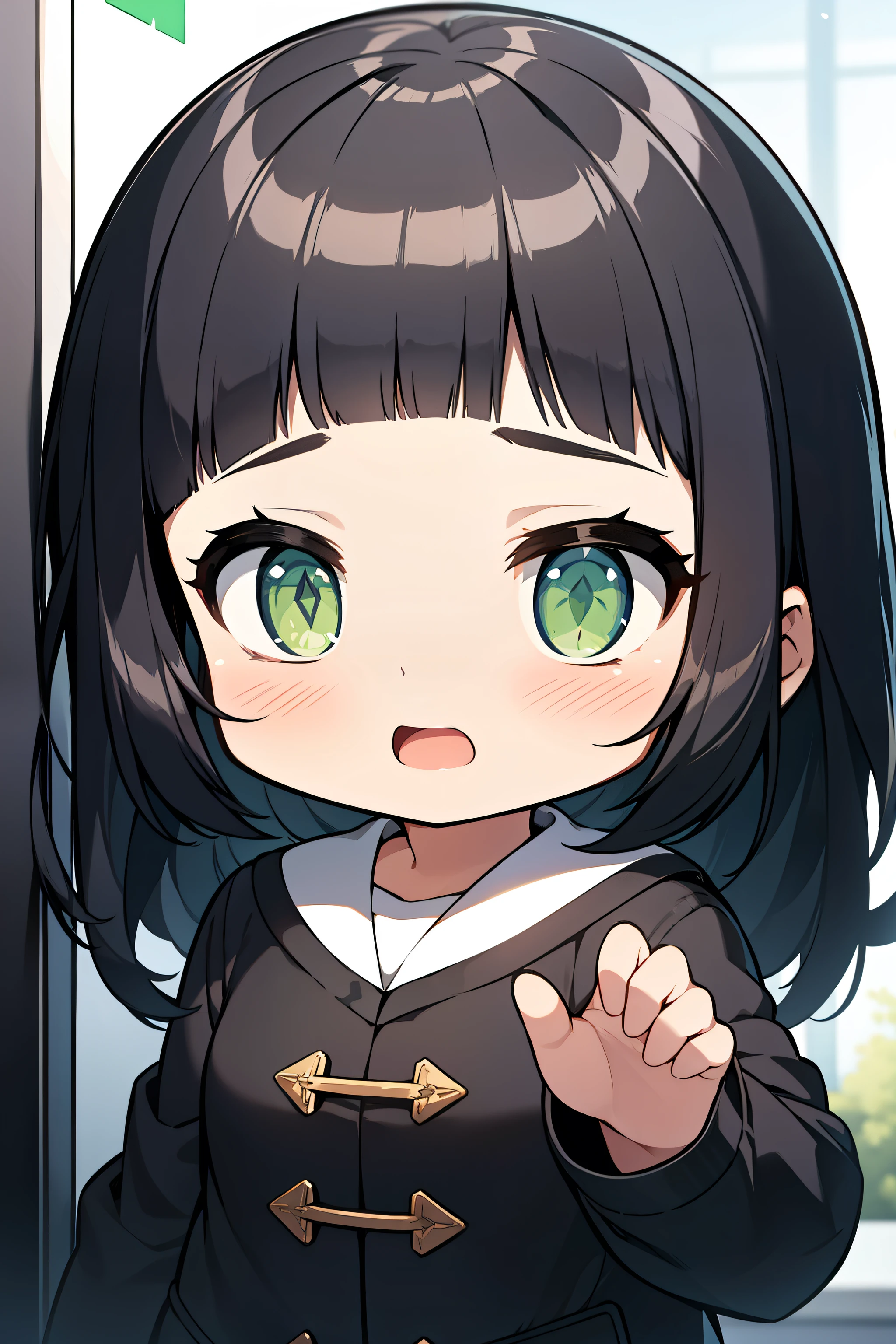 (Masterpiece),8k,Upper body,close,Face close-up,Front view,Moe baby,3 year old girl,Adorable,Chubby Fart,(Long black hair:1.5),Bright green eyes,With bangs,Open your mouth wide,Please put your hand over your mouth,Put on your coat,Waiting at the vending machine,During the day,outside
