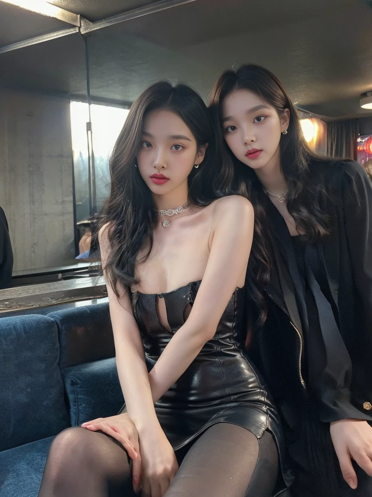 (Nsfw : 1.3), (1 woman, solo, NSFW Pose :1.4), delicate,masterpiece,beautiful details,very colorful,exquisite details,delicate 입술, the details are complicated,(realistic:1.4), (spy:1.2), room salon, (karaoke room,room karaoke:1.1),Dark interior, Psych Lighting, (50mm sigma f /1.4 Zeiss lenses, f1.4, 1/800s, ISO 100, picture:1.1), lens flare, ((Beautiful 20-year-old cute K-pop idol woman:1.2), natural D cup breasts, (Low nose bridge and nostrils : 1.2), (black short wavy hair:1.2), (wireless dress, christian dior\(trademark\),:1.4), Earrings and choker necklace and bracelet, (beautifulleg, Transparent pantyhose and high heels, thin,slim_leg,(femur_gap,Model:1.2), (beautiful smile : 0.5)), Karaoke bar, leather sofa,(Facial makeup : 1.2), complete anatomy, 8 heads tall, Physical contact, (dynamic pose : 1.2), (1 woman을 함께 만지는, (Two suit-fit Korean men wearing suit pants and shirts)), mmf