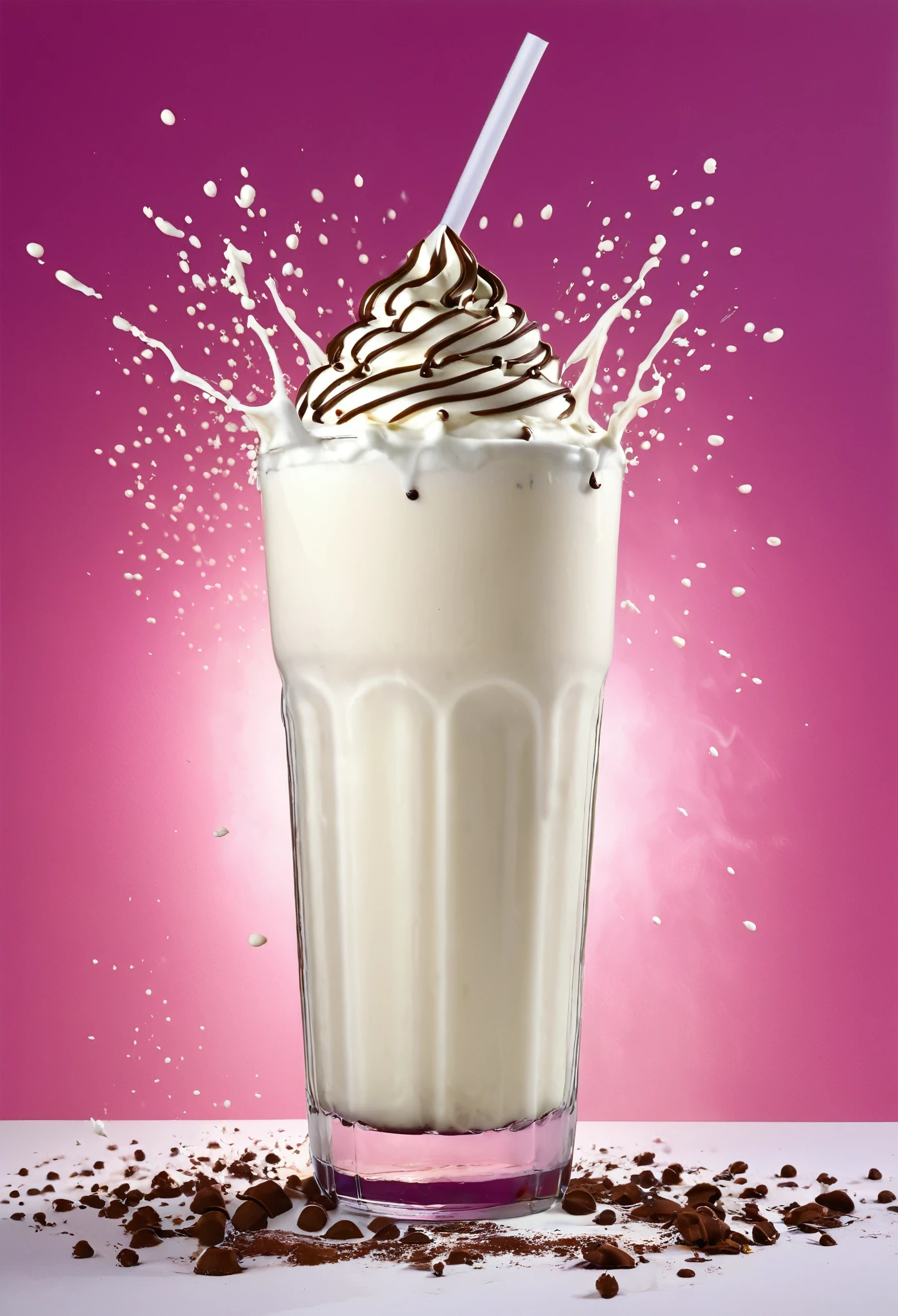 hyper realistic real life art - 1 milk shake on a 2-color background with a big and taste explosion of milk behind