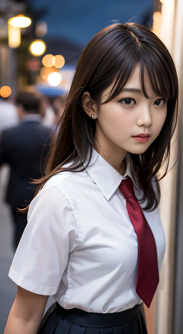masterpiece, best quality, 8k, 85mm portrait, absurdres, beautiful girl, (night, upper body:1.5), cute, street, (school uniform, white shirt, short sleeve, dark brownish grey pleated skirt, dark grey tie:1.2), long hair, slender, neon, (Lianyungang, Akishima, Yeonggwang:0.4), no makeup, (dark red tie:1.2), perspective, depth of field, ultra realistic, highres, photography, sharp focus, HDR, facelight, dynamic lighting, highest detailed, extreme detailed, ultra detailed, finely detail, real skin, delicate facial features