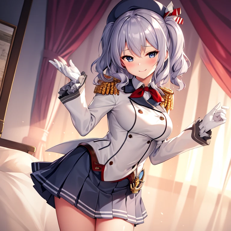 (masterpiece, best quality:1.2),Smirk,One hand touched his chest,illustration,8k,HD,1 Girl,Solitary,portrait,blush,Gray hair,blue eyes,curls,Double tail,Crane plum,Berets,Epaulettes,Ruffled sleeves,jacket,Large Breasts,Long sleeve,,mini skirt,Pleated Skirt,Red tie,White gloves,anchor,