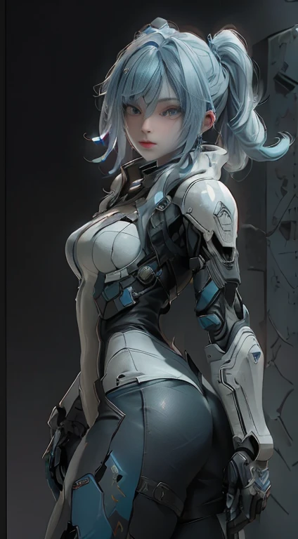 ((highest quality)), ((masterpiece)), (detailed: 1.4), 3D,Back view of a beautiful cyberpunk female figure, Blue Hair, Twin tails, Mercenary Armor, High resolution (High Dynamic Range), Ray Tracing, NVIDIA, Super Resolution, Unreal 5, Scattered beneath the surface, PBR Textures, Post-processing, Anisotropic Filtering, Depth of written boundary, Maximum sharpness and sharpness, Multilayer Texture, Albedo and highlight map, Surface Shading, Accurate simulation of light-matter interactions, Perfect Proportions, Octane Rendering, Dichroic Light, Large Diameter, Low ISO, White balance, Three-part method, 8K RAW,