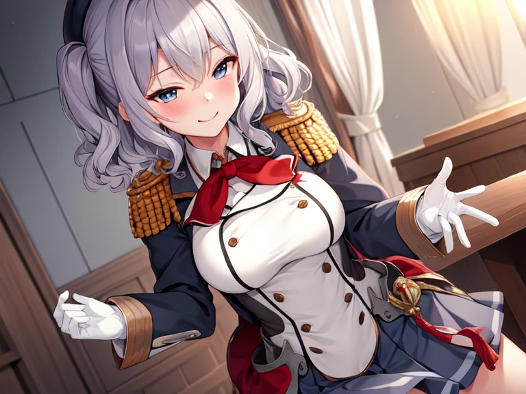 (masterpiece, best quality:1.2),Smirk,One hand touched his chest,illustration,8k,HD,1 Girl,Solitary,portrait,blush,Gray hair,blue eyes,curls,Double tail,Crane plum,Berets,Epaulettes,Ruffled sleeves,jacket,Large Breasts,Long sleeve,,mini skirt,Pleated Skirt,Red tie,White gloves,anchor,