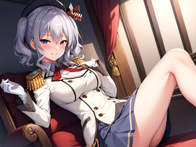 (masterpiece, best quality:1.2),Smirk,One hand touched his chest,illustration,8k,HD,1 Girl,Solitary,portrait,blush,Gray hair,blue eyes,curls,Double tail,Crane plum,Berets,Epaulettes,Ruffled sleeves,jacket,Large Breasts,Long sleeve,,mini skirt,Pleated Skirt,Red tie,White gloves,anchor,