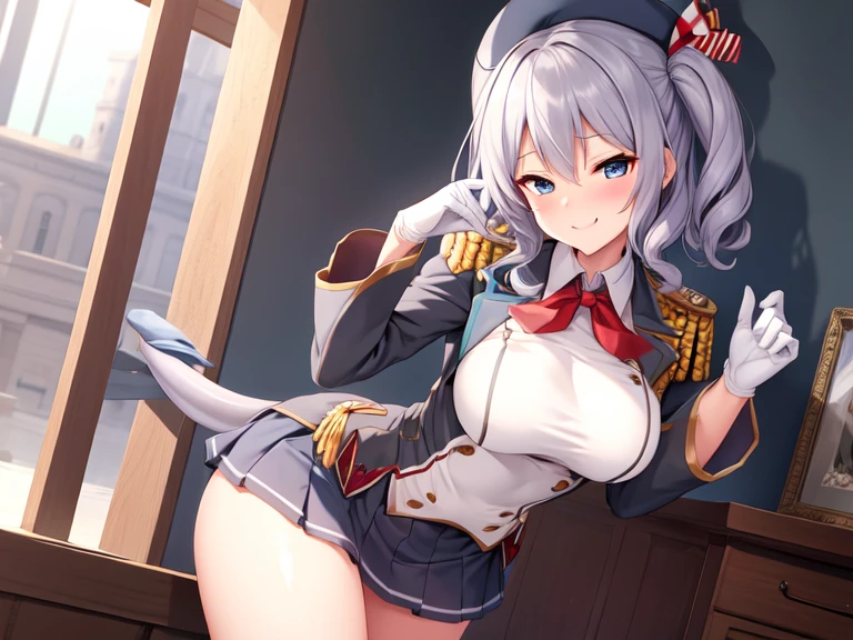 (masterpiece, best quality:1.2),Smirk,One hand touched his chest,illustration,8k,HD,1 Girl,Solitary,portrait,blush,Gray hair,blue eyes,curls,Double tail,Crane plum,Berets,Epaulettes,Ruffled sleeves,jacket,Large Breasts,Long sleeve,,mini skirt,Pleated Skirt,Red tie,White gloves,anchor,