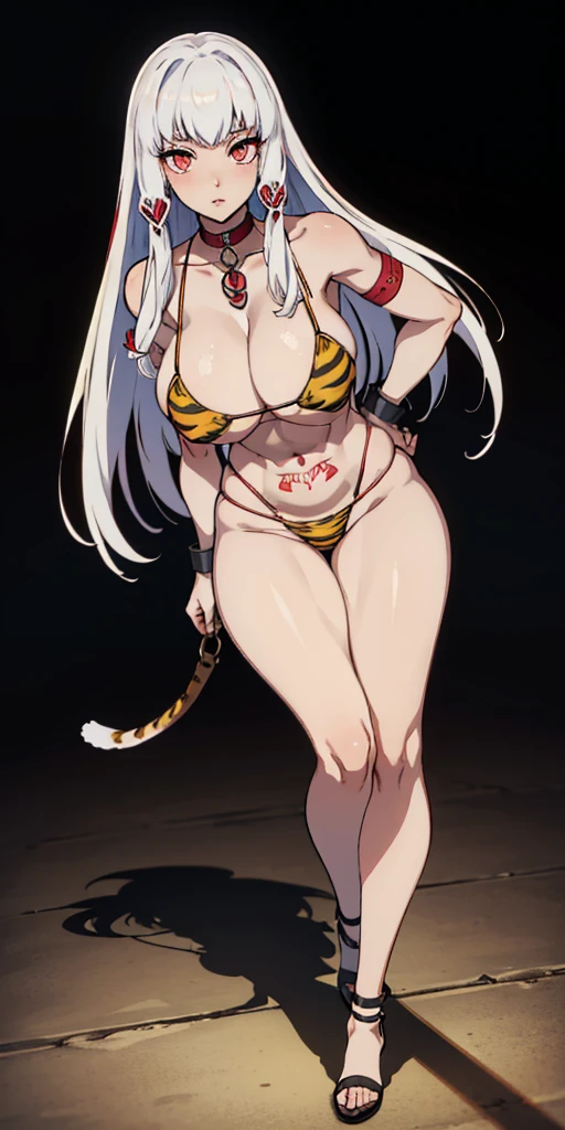 (plain background, masterpiece, best quality, ultra-detailed, best shadow, best rendering: 1.2) (1girl) (8k) (photorealistic:1.4) best quality, ultra high res, highly detailed eyes, Sexy pose, cleavage cutout, female white long hair in yellow bikini with tiger stripes on it, abs, full body, tanned skin, high heels, tiger tail, slave collar on neck, female, tattered clothes, shackles on arms and legs, red navel tattoo, abs, stomach exposed, ((Lysithea von Ordelia))