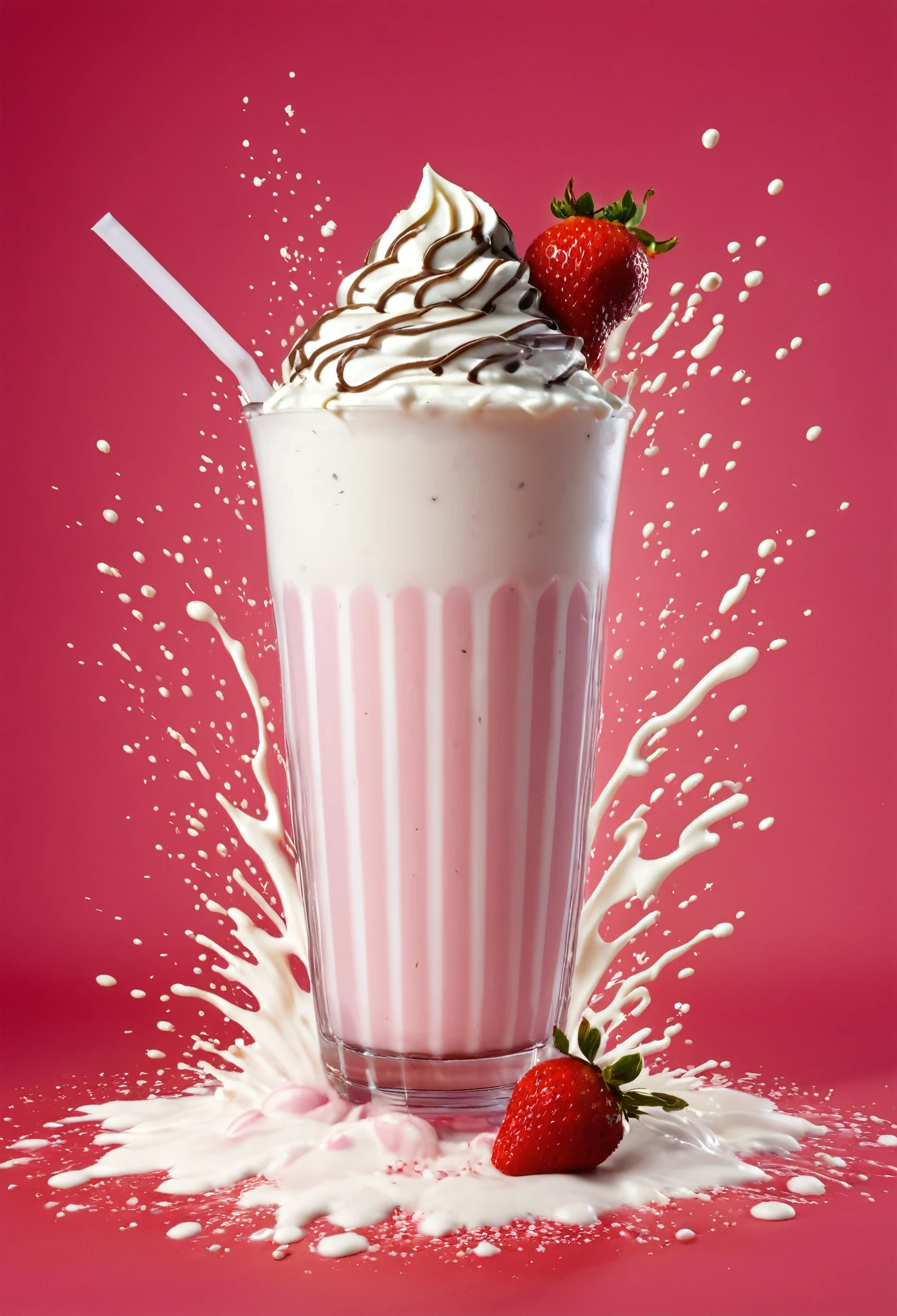 hyper realistic real life art - 1 milk shake on a 2-color background with a great and big explosion of milk and strawberry behind