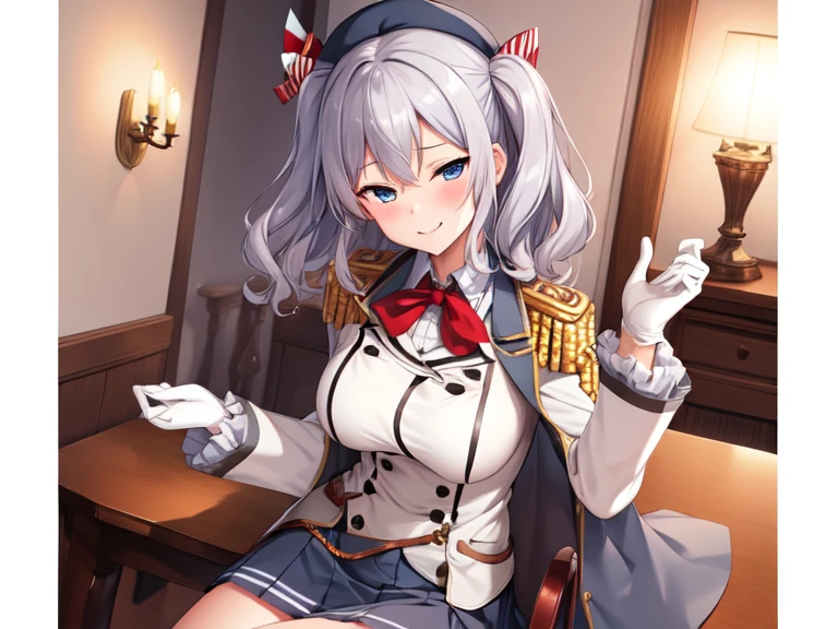 (masterpiece, best quality:1.2),Smirk,One hand touched his chest,illustration,8k,HD,1 Girl,Solitary,portrait,blush,Gray hair,blue eyes,curls,Double tail,Crane plum,Berets,Epaulettes,Ruffled sleeves,jacket,Large Breasts,Long sleeve,,mini skirt,Pleated Skirt,Red tie,White gloves,anchor,