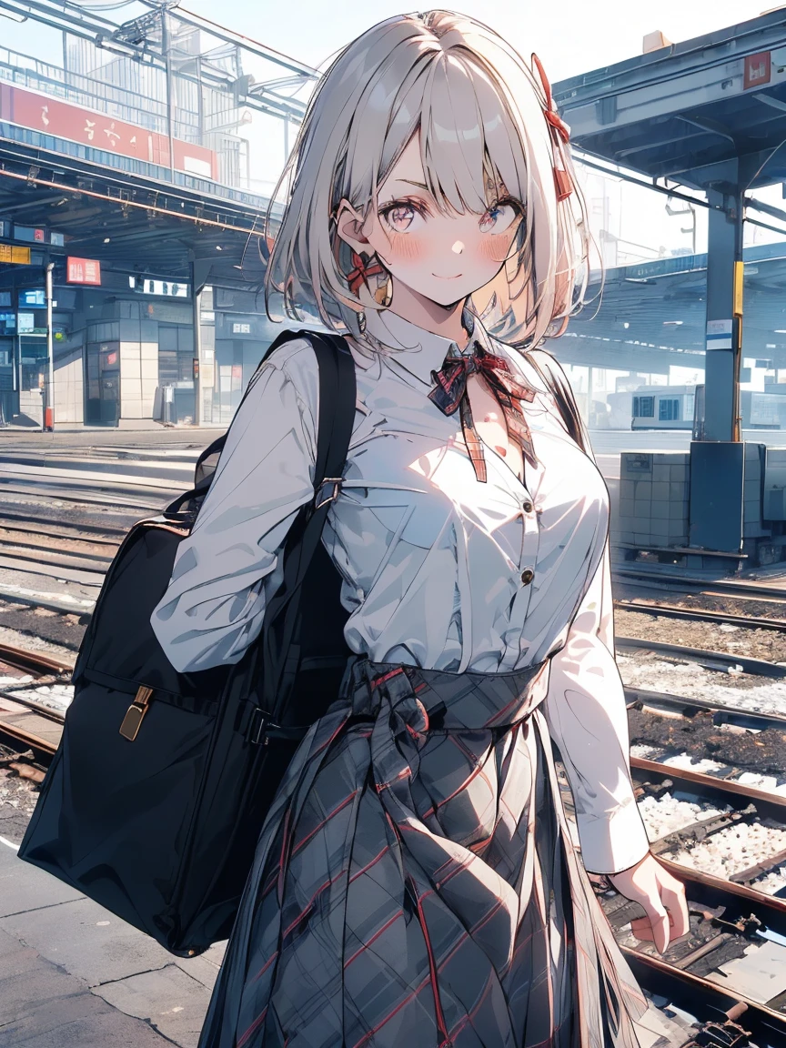 SFW:1.6), (masterpiece, highest quality, wonderful、Very realistic, High resolution:1.3), One Girl, alone, Japanese, 17yo, (expensive:1.3), break (Black short bob, Straight hair:1.4), bangs, (Tsurime:2.1), (Hair above left eye:1.9), (Very pale eyes:1.7), (Thick eyebrows:1.4), Mouth closed, (Looking down at your bright smile:1.2), (blush:1.4), (Flat Chest:1.7), break , (Plaid ribbon:1.5), (Round Collar Dress Shirt:1.6), (Plaid midi skirt:1.7), Black socks, Brown rofers break from below, Are standing, Carry a backpack, Patterns that don't move, Railway Station Platforms, sunlight, blue sky,
information