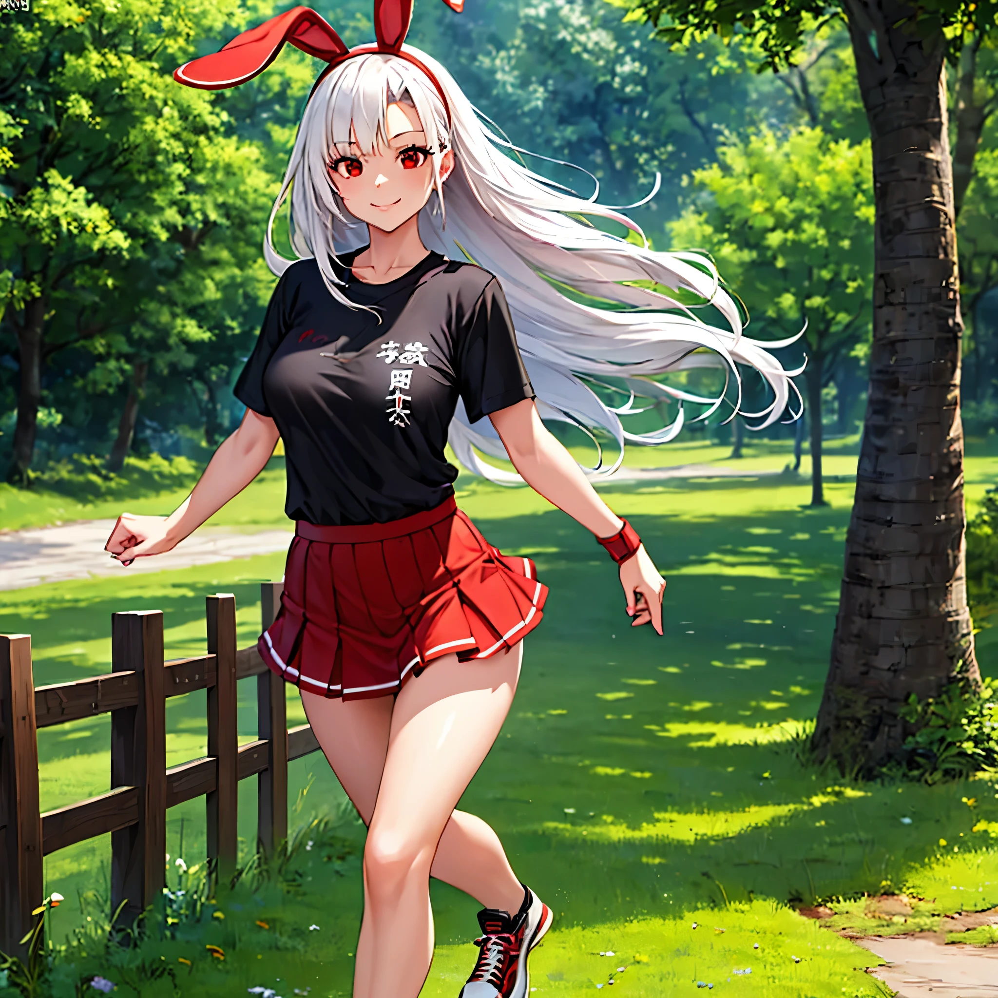 a woman wearing black casual shirt with kanji writing on the shirt, short red skirt, sports sneakers, walking on a walk in a German custom park, daytime location, red eyes, long white hair, chintz in her hand, smiling, headband rabbit black on the head,HDR, ultra resolution, clear, masterpiece, 8K HD (woman solo)
