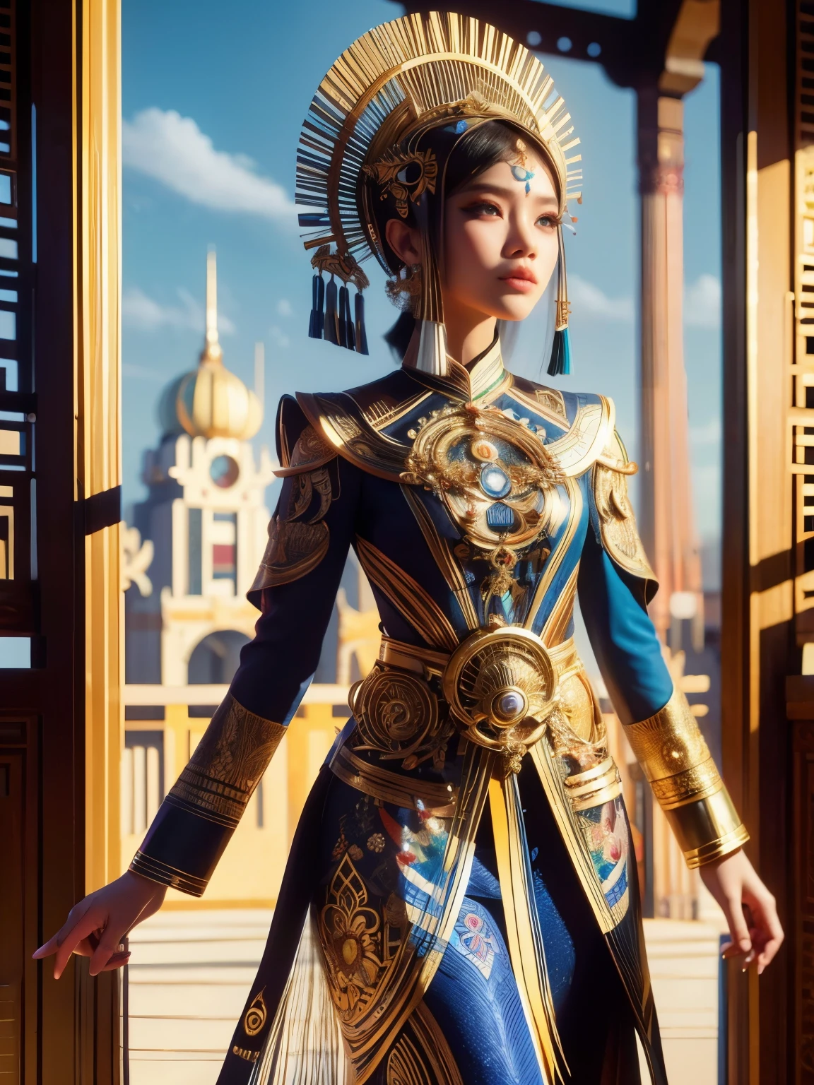 An Indonesian-styled futuristic suit worn by a girl depicting cultural fusion and modern fashion. The suit is adorned with intricate patterns and vibrant colors, showcasing the rich heritage of Indonesia. The girl stands confidently in a dynamic pose, with her detailed eyes reflecting determination and curiosity. The suit's material is a combination of traditional textiles and futuristic synthetic fabrics, giving it a unique and avant-garde appearance. The overall image quality is of the highest standard, with sharp focus and ultra-detailed rendering. The artwork employs physically-based rendering techniques, resulting in realistic lighting and shadows. The colors are vivid and vibrant, capturing the essence of Indonesian cultural aesthetics. The background features a fusion of modern architecture and traditional elements, creating a harmonious blend of the past and the future. The prompt explores the intersection of Indonesian culture, futuristic design, and the artistic representation of a confident girl