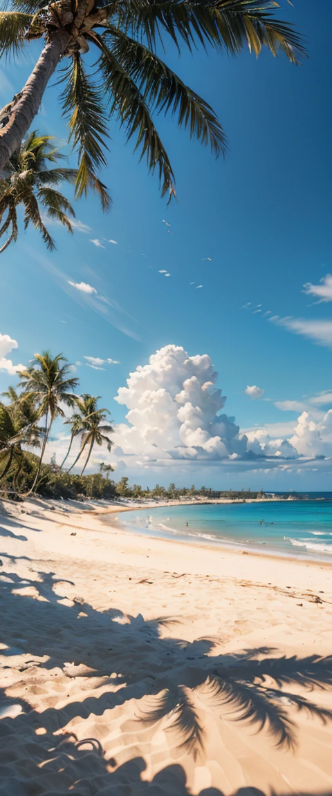 ((masterpiece, highest quality, Best image quality, High resolution, Realistic, RAW Photos, 8k)), ((Highly detailed CG synthesis 8k wallpaper)), blue coast, Blue Ocean, White sand beach, Palm trees lining the beach, Strong sunlight, Deep Shadow, Fresh breeze, 