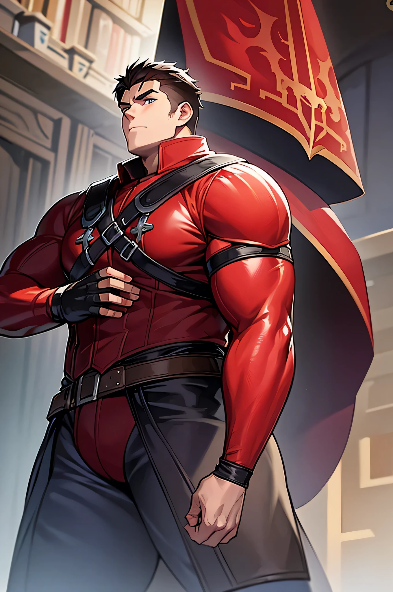 Adventurers Uniform, red clothing, black coat, young man, 20 years, light brown hair, short hair, blue eyes, detailed eyes, beautiful eyes, muscular, Big Breasts, Body full of huge and voluminous muscles, (300 lbs) tall, 6.3 foot tall, serious pose, strong, masterpiece, detailed design, fields background, dirt path background, adventurer world