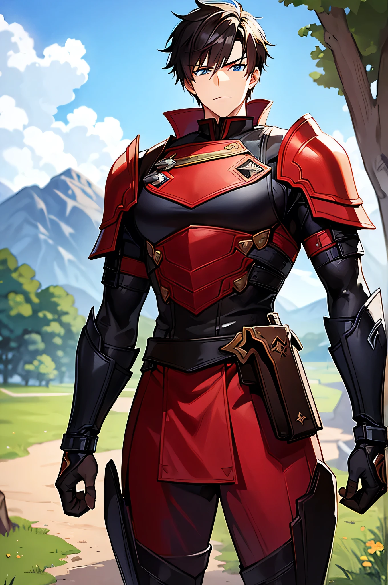 Adventurers Uniform, red clothing, black coat, young man, 20 years, light brown hair, short hair, blue eyes, detailed eyes, beautiful eyes, muscular, Big Breasts, tall, 6.3 foot tall, serious pose, strong, masterpiece, detailed design, fields background, dirt path background, adventurer world