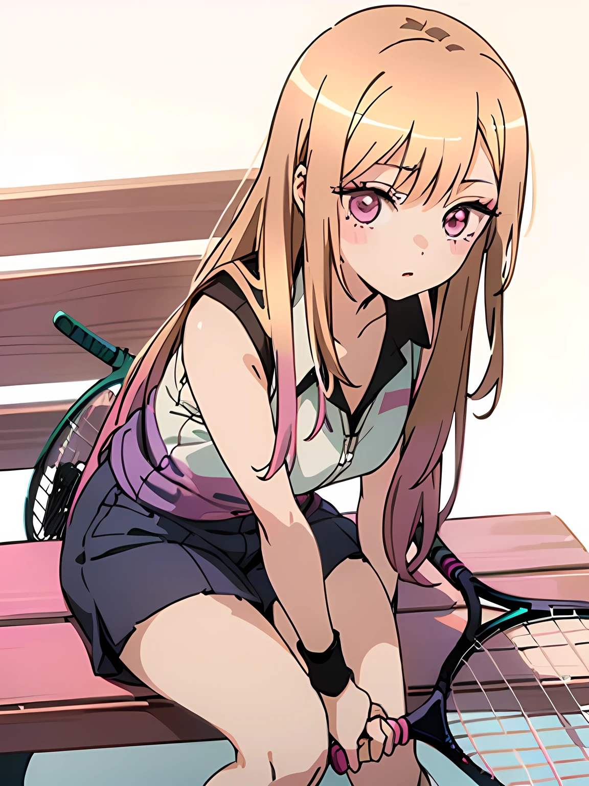 (anime girl sitting on a bench with a tennis racket:1.4), unity 8k wallpaper, ((anatomically correct)), (((masterpiece))), (((best quality))), (((ultra detailed))), (((high-resolution))), ((super fine illustration)), detailed beautiful face, 1 girl, 18 years old, shiny hair, ((super cute)), (long hair:1.3), break,(holding a Beautiful tennis racket with one hand:1.3), break, (sleeveless sportswear), (wrist band), (purple and pink theme:1.4), shorts, dynamic angle, (head to thigh view:1.3), (looking at viewers:1.4), (white background:1.4)