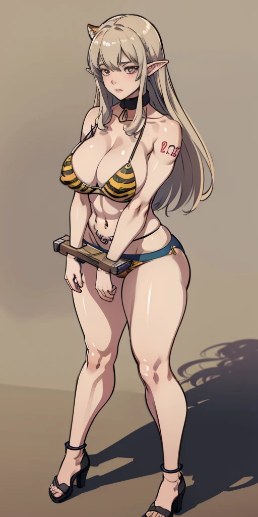 (plain background, masterpiece, best quality, ultra-detailed, best shadow, best rendering: 1.2) (1girl) (8k) (photorealistic:1.4) best quality, ultra high res, highly detailed eyes, Sexy pose, cleavage cutout, female white long hair in yellow bikini with tiger stripes on it, abs, full body, tanned skin, high heels, tiger tail, slave collar on neck, elf female, tattered clothes, shackles on arms and legs, red navel tattoo, abs, stomach exposed