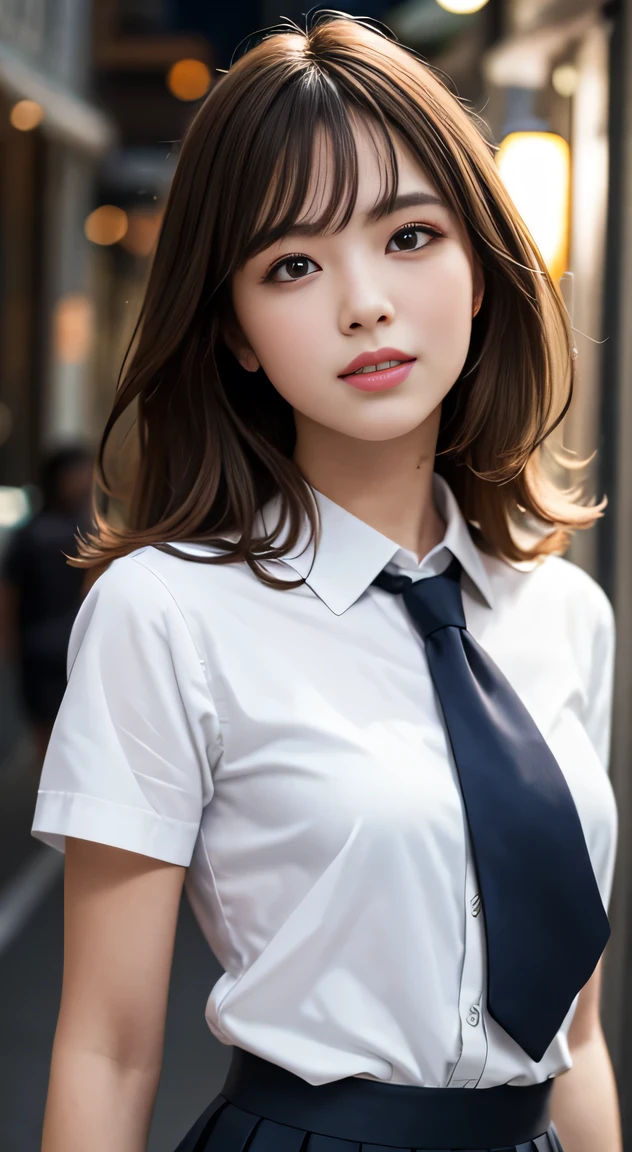 masterpiece, best quality, 8k, 85mm portrait, absurdres, beautiful girl, (night, upper body:1.5), cute, street, (school uniform, white shirt, short sleeve, dark brownish grey pleated skirt, dark grey tie:1.2), long hair, slender, neon, (Lianyungang, Akishima, Yeonggwang:0.4), no makeup, (dark red tie:1.2), perspective, depth of field, ultra realistic, highres, photography, sharp focus, HDR, facelight, dynamic lighting, highest detailed, extreme detailed, ultra detailed, finely detail, real skin, delicate facial features, smiling, ,