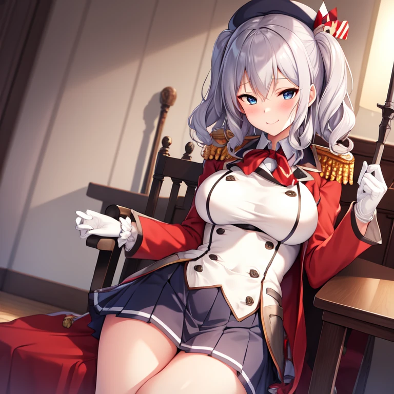 (masterpiece, best quality:1.2),Smirk,One hand touched his chest,illustration,8k,HD,1 Girl,Solitary,portrait,blush,Gray hair,blue eyes,curls,Double tail,Crane plum,Berets,Epaulettes,Ruffled sleeves,jacket,Large Breasts,Long sleeve,,mini skirt,Pleated Skirt,Red tie,White gloves,anchor,