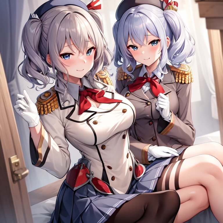 (masterpiece, best quality:1.2),Smirk,One hand touched his chest,illustration,8k,HD,1 Girl,Solitary,portrait,blush,Gray hair,blue eyes,curls,Double tail,Crane plum,Berets,Epaulettes,Ruffled sleeves,jacket,Large Breasts,Long sleeve,,mini skirt,Pleated Skirt,Red tie,White gloves,anchor,