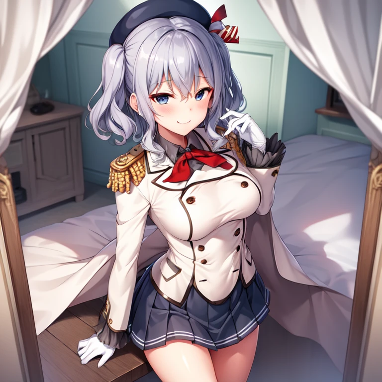 (masterpiece, best quality:1.2),Smirk,One hand touched his chest,illustration,8k,HD,1 Girl,Solitary,portrait,blush,Gray hair,blue eyes,curls,Double tail,Crane plum,Berets,Epaulettes,Ruffled sleeves,jacket,Large Breasts,Long sleeve,,mini skirt,Pleated Skirt,Red tie,White gloves,anchor,