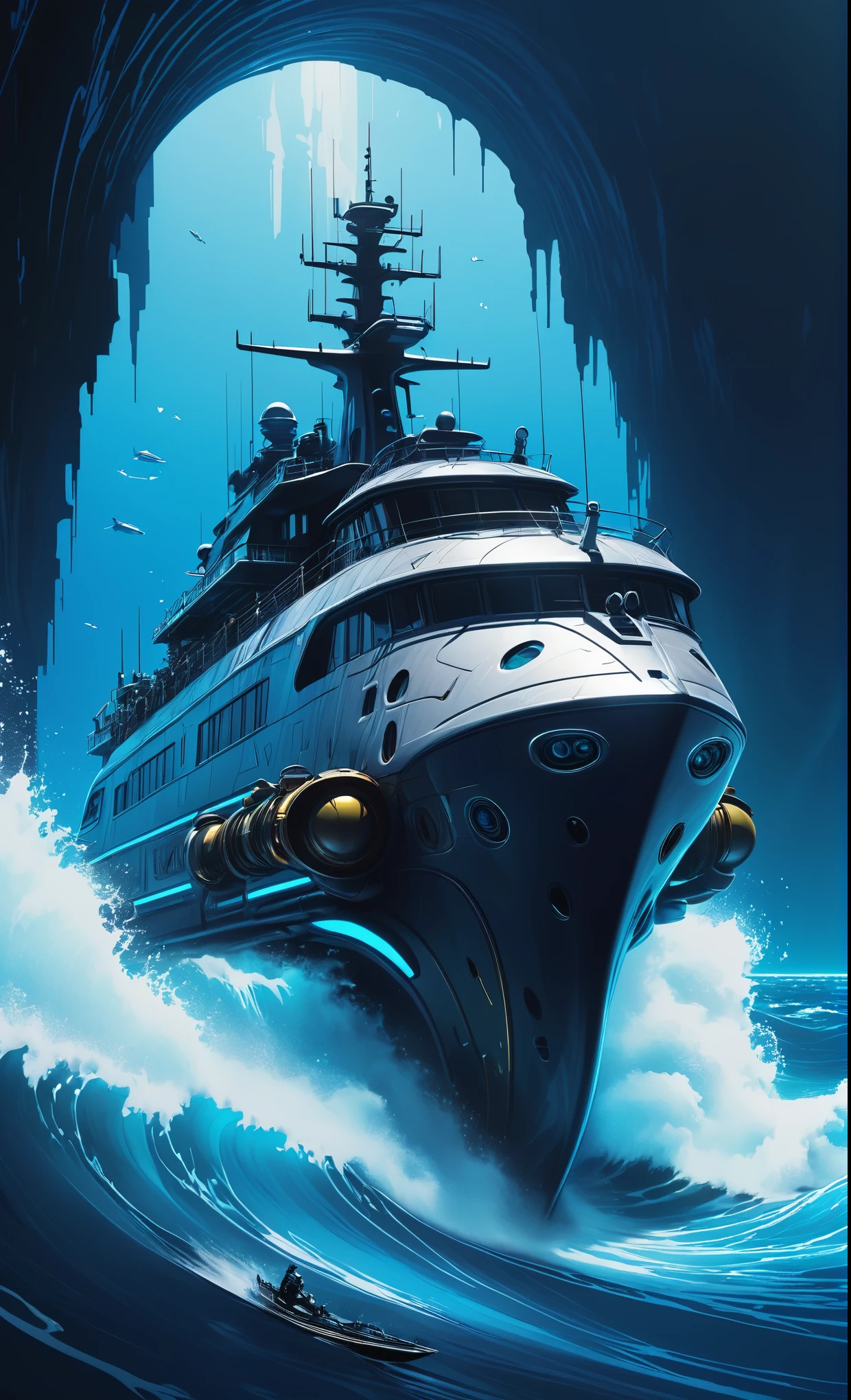 Nazare Nautica vol.2 - tourism, by Luis Duarte, Nanopunk, blue shading, Nazare style, Element Water, Mythpunk, Graphic Interface, Space Art, Sci-Fic Art, Dark Influence, NijiExpress 3D v3, Kinetic Art, Datanoshing, Oilpainting, Ink v3, Splash style, Abstract Art, Abstract Tech, Cyber Tech Elements, Futuristic, Epic style, Illustrated v3, Deco Influence, AirBrush style, drawing