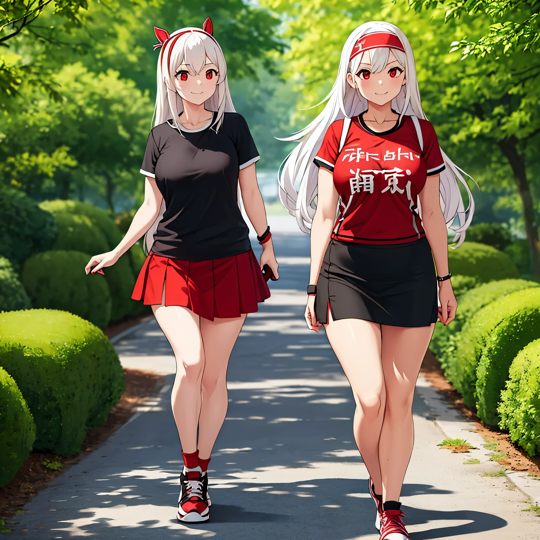 a woman wearing black casual shirt with kanji writing on the shirt, short red skirt, sports sneakers, walking on a walk in a German custom park, daytime location, red eyes, long white hair, chintz in her hand, smiling, headband rabbit black on the head,HDR, ultra resolution, clear, masterpiece, 8K HD (woman solo)
