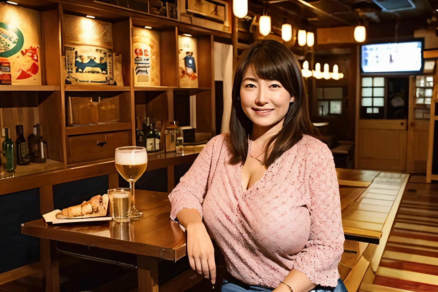 A Japanese woman in her 40s with large breasts is toasting with a glass of beer at an izakaya.