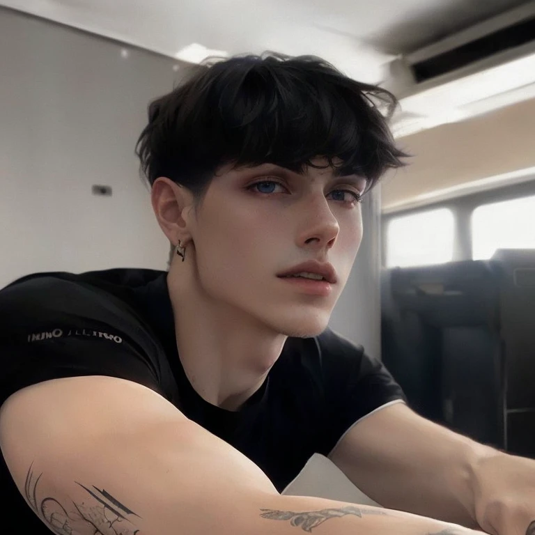 Hay un hombre sentado en una mesa con un control remoto, declan mckenna, estilo de seb mckinnon, cai xukun, an epic non-binary model, cuchilla del grupo de drenaje, delicate androgynous prince, millas johnstone, beautiful androgynous prince, inspired by Kristian Kreković, contraction transmitter / jugador ludwig, elliot alderson, raphael personnaz