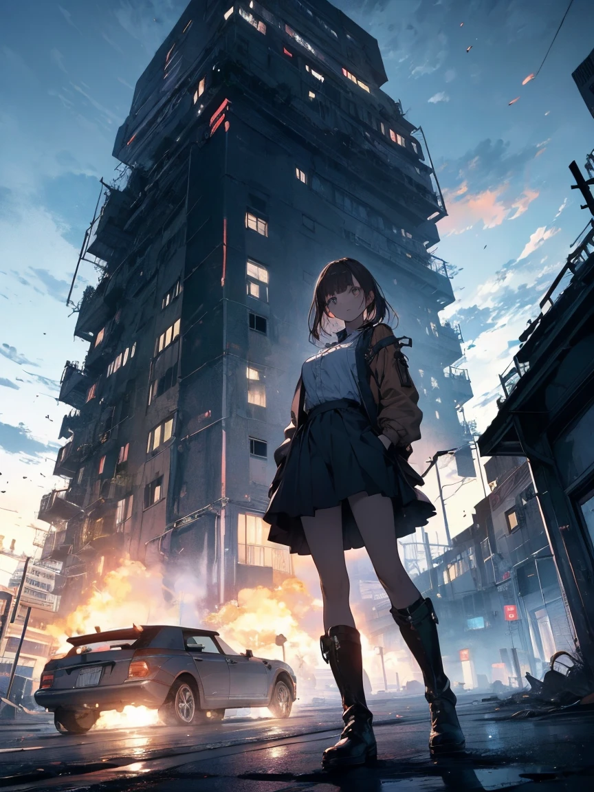 Brown Hair、night、building、rooftop、Overlooking the lower world,Black mini skirt,vision,Small face bangs ,beauty,vision 、Black boots 、one person 、Dress shirt、holster Image of the view from inside the balcony of a tall circular tower in the center of a post-apocalyptic North American megacity, 街全体のvision, haze; nuclear sunset, There are shades of gray in the city, Has a smoke-like structure, car abandoned on the road, Apocalypse, buildingを覆い尽くす植物, mad max style, uma garota linda e com roupas mad max style andando na rua ao longe, desert metropolis, Be as realistic as possible, as detailed as possible