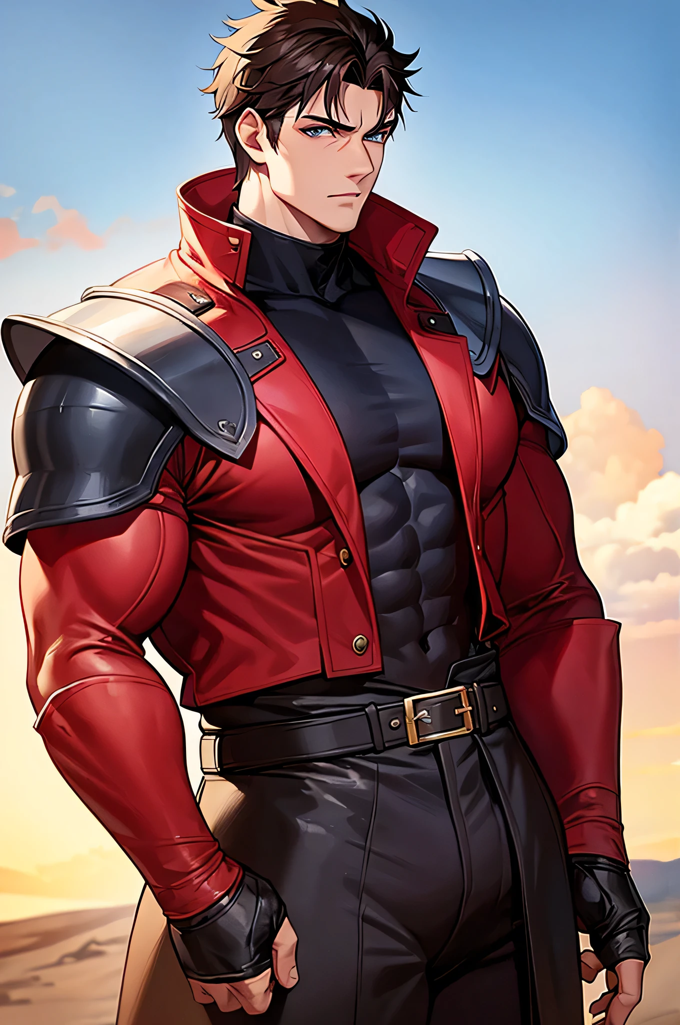 Adventurers Uniform, red clothing, black coat, young man, 20 years, light brown hair, short hair, blue eyes, detailed eyes, beautiful eyes, muscular,  Big pecs, Body full of huge muscles, (300 lbs) tall, 6.3 foot tall, serious pose, strong, masterpiece, detailed design, fields background, dirt path background, adventurer world