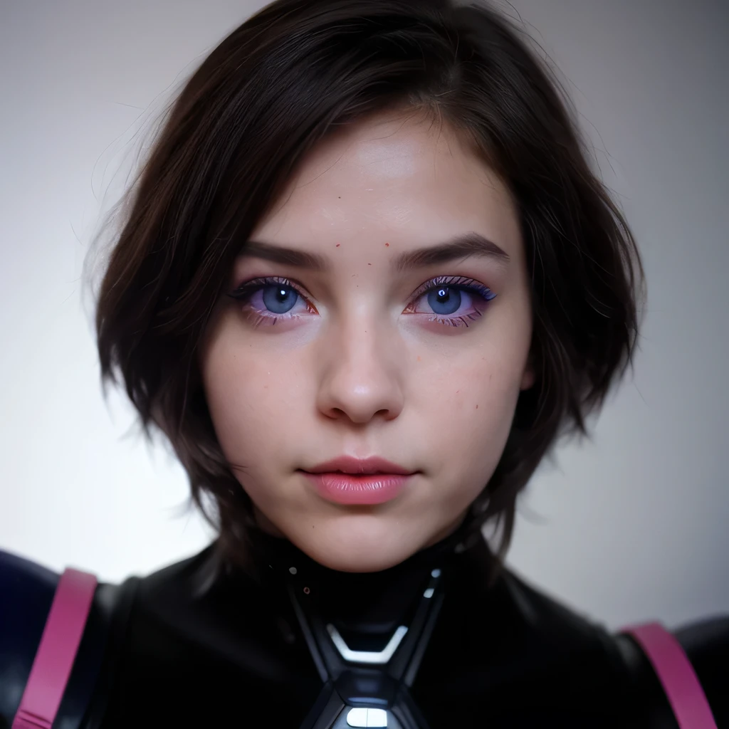 Photo of a college student, Purple Pink, futuristic spacesuit, (freckle:0.8) Cute face, Science Fiction, Dystopia, Delicate eyes, Heterochromia of the Eyes（（Cobalt blue background））