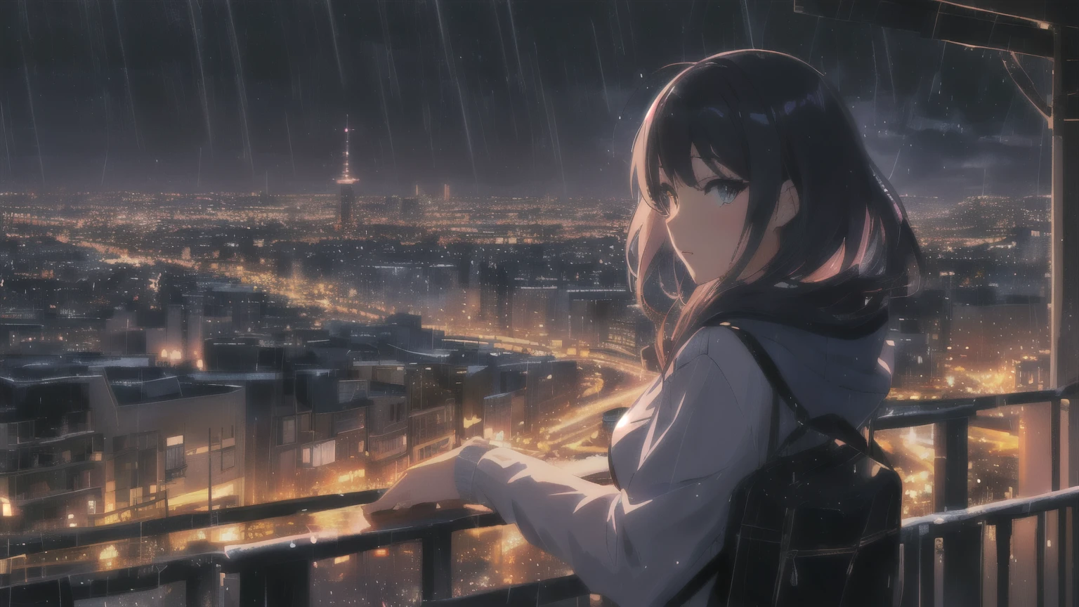 Anime girl looking at the city in the rain, anime art wallpaper 4k yen, anime art wallpaper 4k, anime wallpaper 4k yen, anime wallpaper 4k, Anime Style 4k yen, anime art wallpaper 8k, 4k anime wallpaper, Ilya Kuvshinov. 4k yen, makoto shinkai. —h 2160, Anime Style. 8k