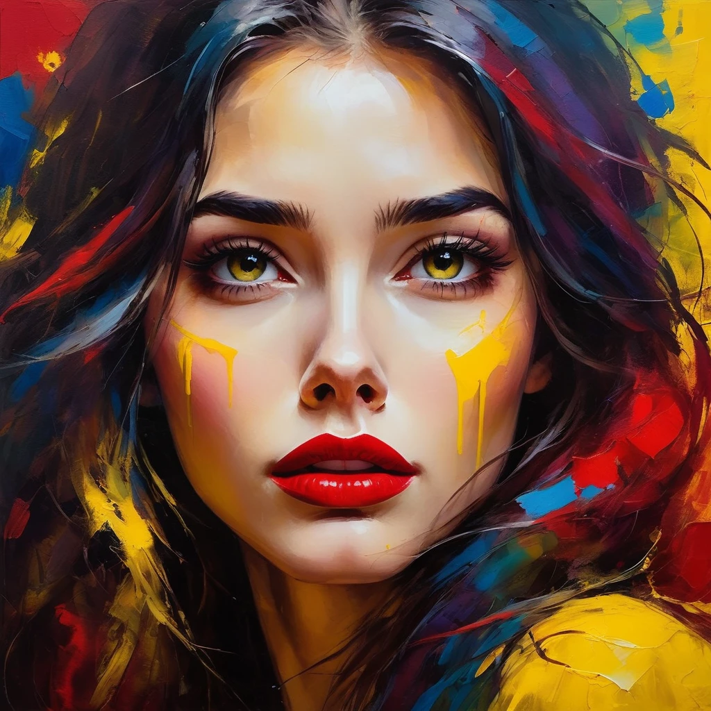 A beautiful woman with a yellow background, long hair, messy hair, full red lips, bright colors, colorful brushstrokes, oil painting style, expressive, abstract, high-level, full of emotions, mysterious lighting, dramatic, and deep sadness.
