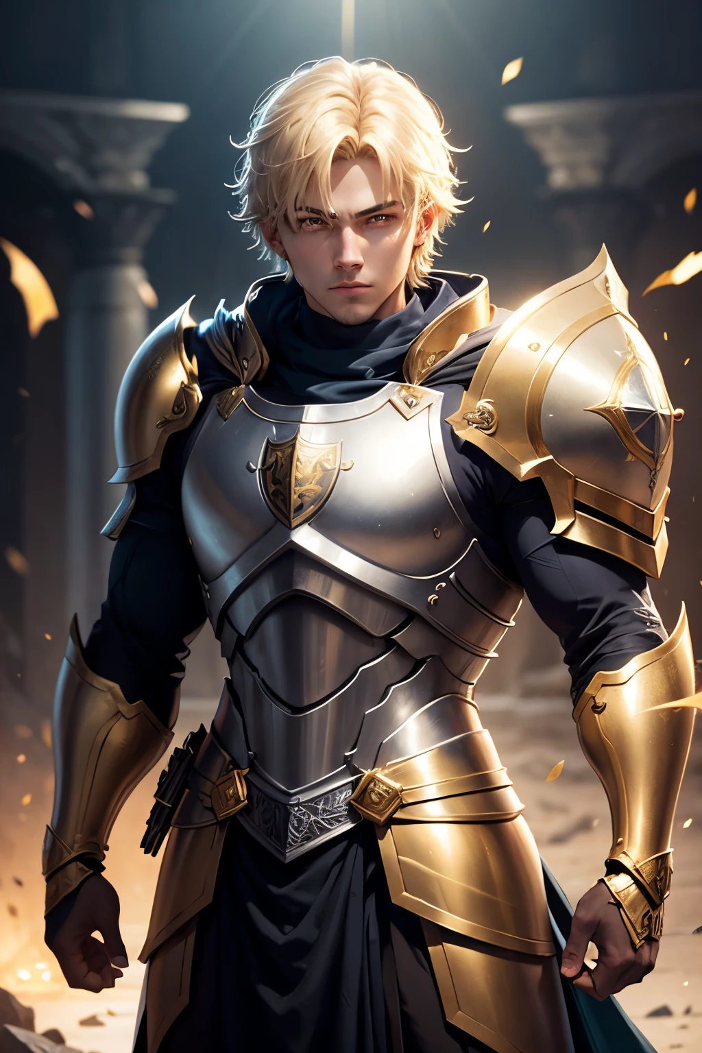Knight of Light,young man,strong muscles,golden armor,shield and sword, (bright eyes), (Cold eyes), gradient eyes, anime, glare, Ray tracing, depth of field