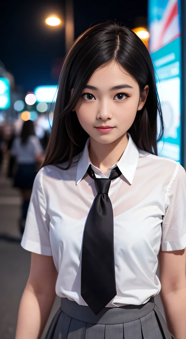 masterpiece, best quality, 8k, 85mm portrait, absurdres, beautiful girl, (night, upper body:1.5), cute, street, (school uniform, white shirt, short sleeve, dark brownish grey pleated skirt, dark grey tie:1.2), long hair, slender, neon, (Lianyungang, Akishima, Yeonggwang:0.4), no makeup, (dark red tie:1.2), perspective, depth of field, ultra realistic, highres, photography, sharp focus, HDR, facelight, dynamic lighting, highest detailed, extreme detailed, ultra detailed, finely detail, real skin, delicate facial features, shy smiling, ,