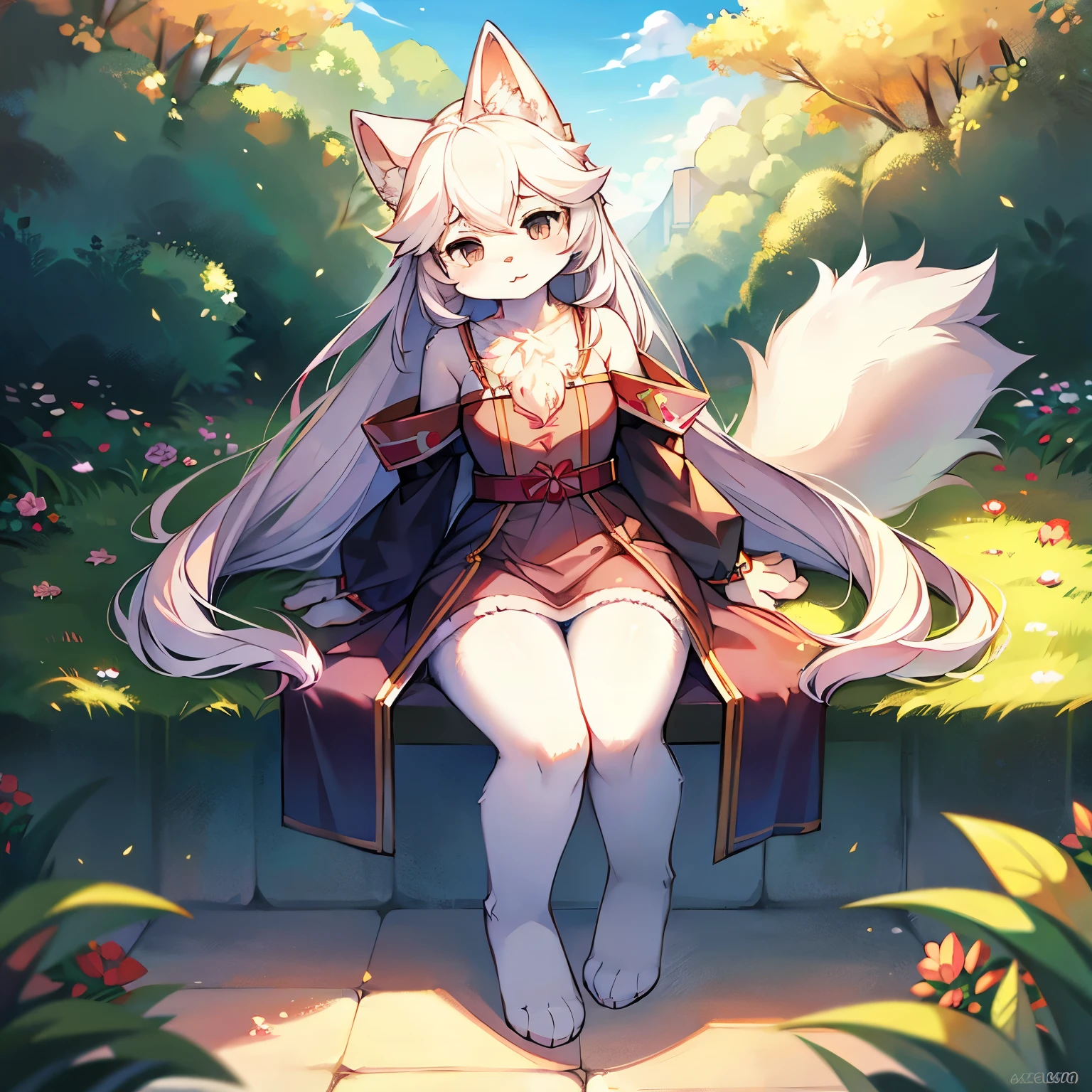 Bright outside,Samoyed girl, girl,Furry women,Women's Focus,One meter three height,Short stature,Characteristics of three-old giCute earance,Summer short sleeves with jacket,Short skirt,Standing,Bright outside背景