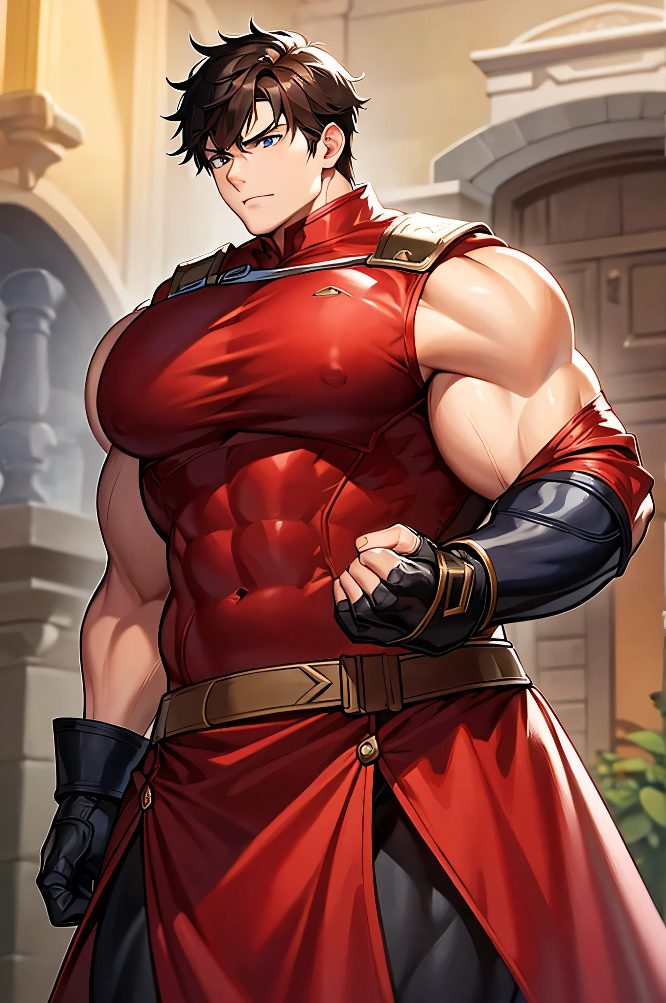 Adventurers Uniform, red clothing, black coat, young man, 20 years, light brown hair, short hair, blue eyes, detailed eyes, beautiful eyes, muscular, Big pecs, Body full of huge muscles, (300 lbs) tall, 6.3 foot tall, serious pose, strong, masterpiece, detailed design, fields background, dirt path background, adventurer world
