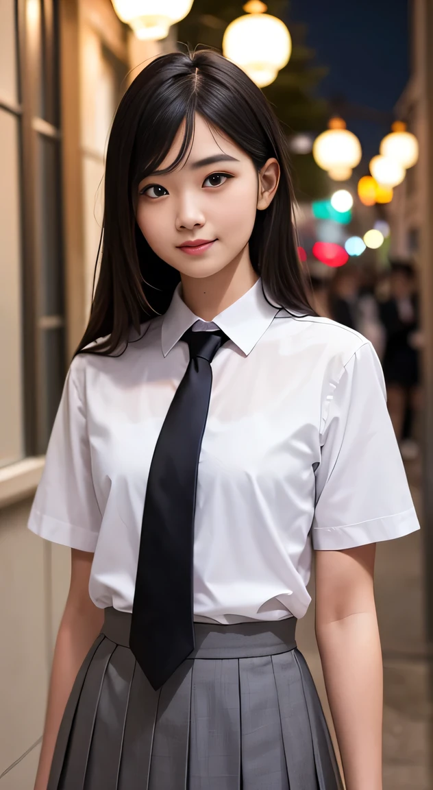 masterpiece, best quality, 8k, 85mm portrait, absurdres, beautiful girl, (night, upper body:1.5), cute, street, (school uniform, white shirt, short sleeve, dark brownish grey pleated skirt, dark grey tie:1.2), long hair, slender, neon, (Lianyungang, Akishima, Yeonggwang:0.4), no makeup, (dark red tie:1.2), perspective, depth of field, ultra realistic, highres, photography, sharp focus, HDR, facelight, dynamic lighting, highest detailed, extreme detailed, ultra detailed, finely detail, real skin, delicate facial features, shy smiling, ,