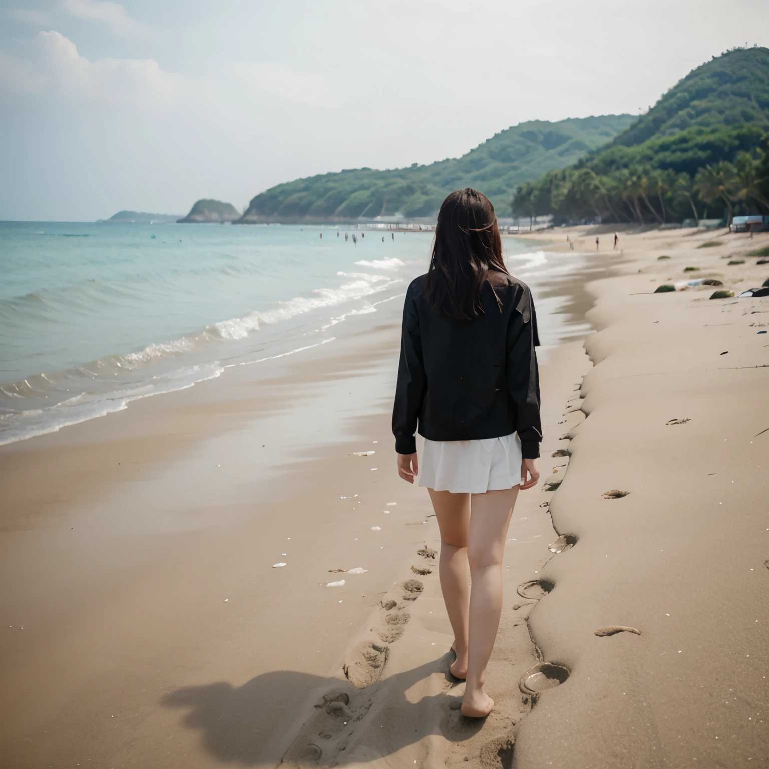 A Korean girl, walking on the beach