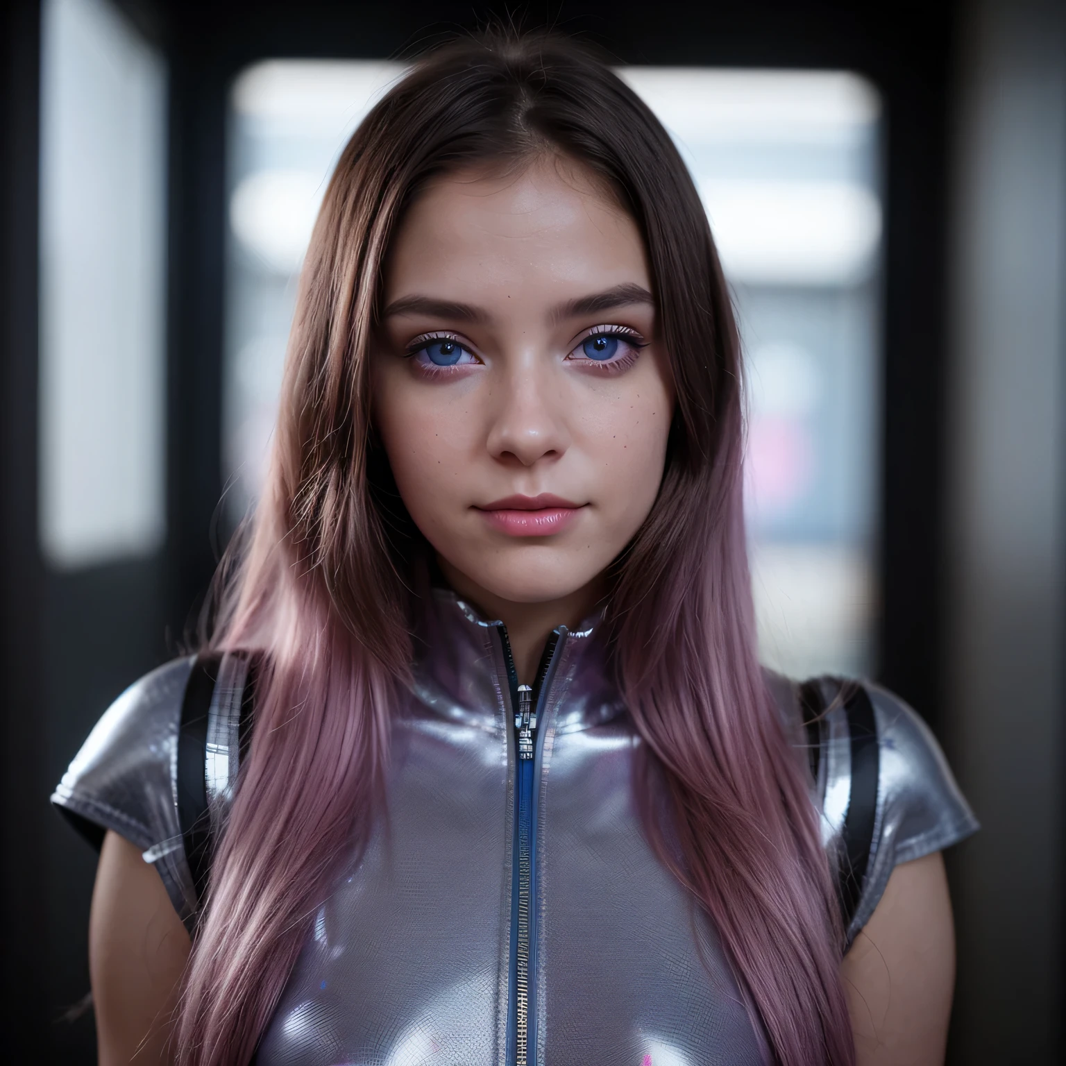 Photo of a college student, Purple Pink, futuristic spacesuit, (freckle:0.8) Cute face, Science Fiction, Dystopia, Delicate eyes, Heterochromia of the Eyes（（Cobalt blue background））