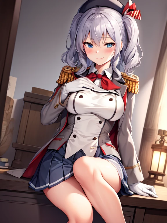 (masterpiece, best quality:1.2),Smirk,One hand touched his chest,illustration,8k,HD,1 Girl,Solitary,portrait,blush,Gray hair,blue eyes,curls,Double tail,Crane plum,Berets,Epaulettes,Ruffled sleeves,jacket,Large Breasts,Long sleeve,,mini skirt,Pleated Skirt,Red tie,White gloves,anchor,