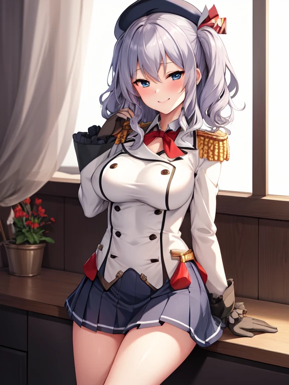 (masterpiece, best quality:1.2),Smirk,One hand touched his chest,illustration,8k,HD,1 Girl,Solitary,portrait,blush,Gray hair,blue eyes,curls,Double tail,Crane plum,Berets,Epaulettes,Ruffled sleeves,jacket,Large Breasts,Long sleeve,,mini skirt,Pleated Skirt,Red tie,White gloves,anchor,