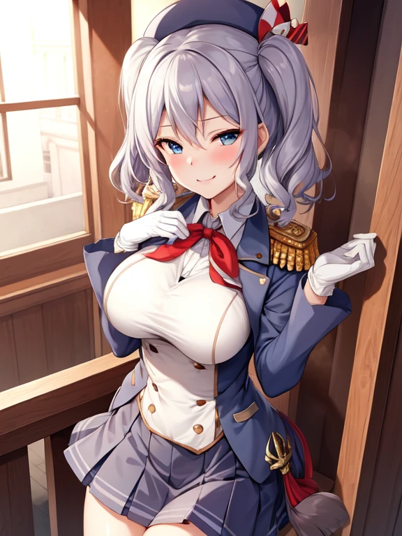 (masterpiece, best quality:1.2),Smirk,One hand touched his chest,illustration,8k,HD,1 Girl,Solitary,portrait,blush,Gray hair,blue eyes,curls,Double tail,Crane plum,Berets,Epaulettes,Ruffled sleeves,jacket,Large Breasts,Long sleeve,,mini skirt,Pleated Skirt,Red tie,White gloves,anchor,