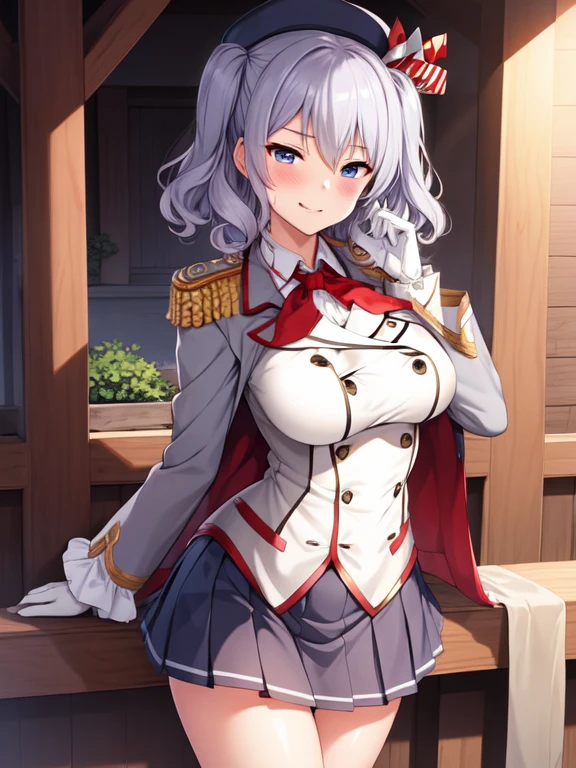 (masterpiece, best quality:1.2),Smirk,One hand touched his chest,illustration,8k,HD,1 Girl,Solitary,portrait,blush,Gray hair,blue eyes,curls,Double tail,Crane plum,Berets,Epaulettes,Ruffled sleeves,jacket,Large Breasts,Long sleeve,,mini skirt,Pleated Skirt,Red tie,White gloves,anchor,