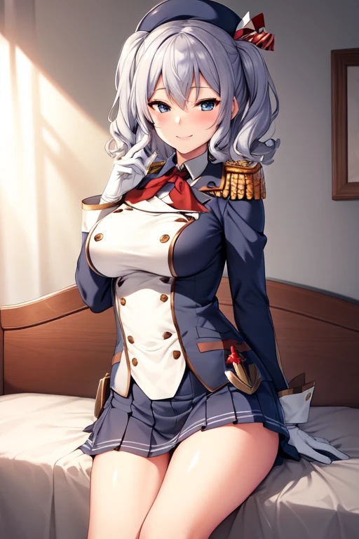 (masterpiece, best quality:1.2),Smirk,One hand touched his chest,illustration,8k,HD,1 Girl,Solitary,portrait,blush,Gray hair,blue eyes,curls,Double tail,Crane plum,Berets,Epaulettes,Ruffled sleeves,jacket,Large Breasts,Long sleeve,,mini skirt,Pleated Skirt,Red tie,White gloves,anchor,