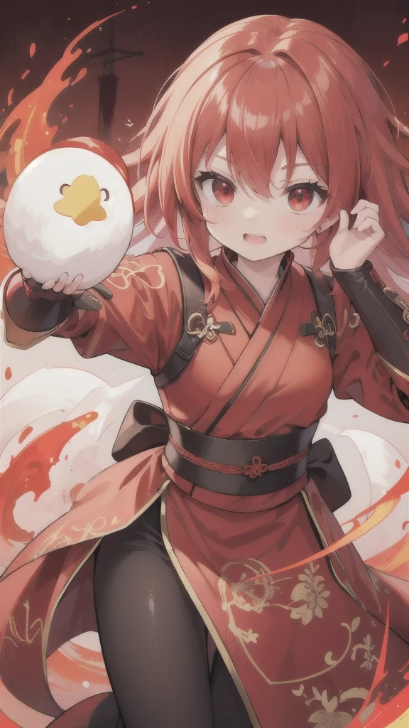 (best quality, vibrant colors:1.2),red bobblehead,vibrant red eyes,red and black Hanfu armor,red gauntlets,chicken