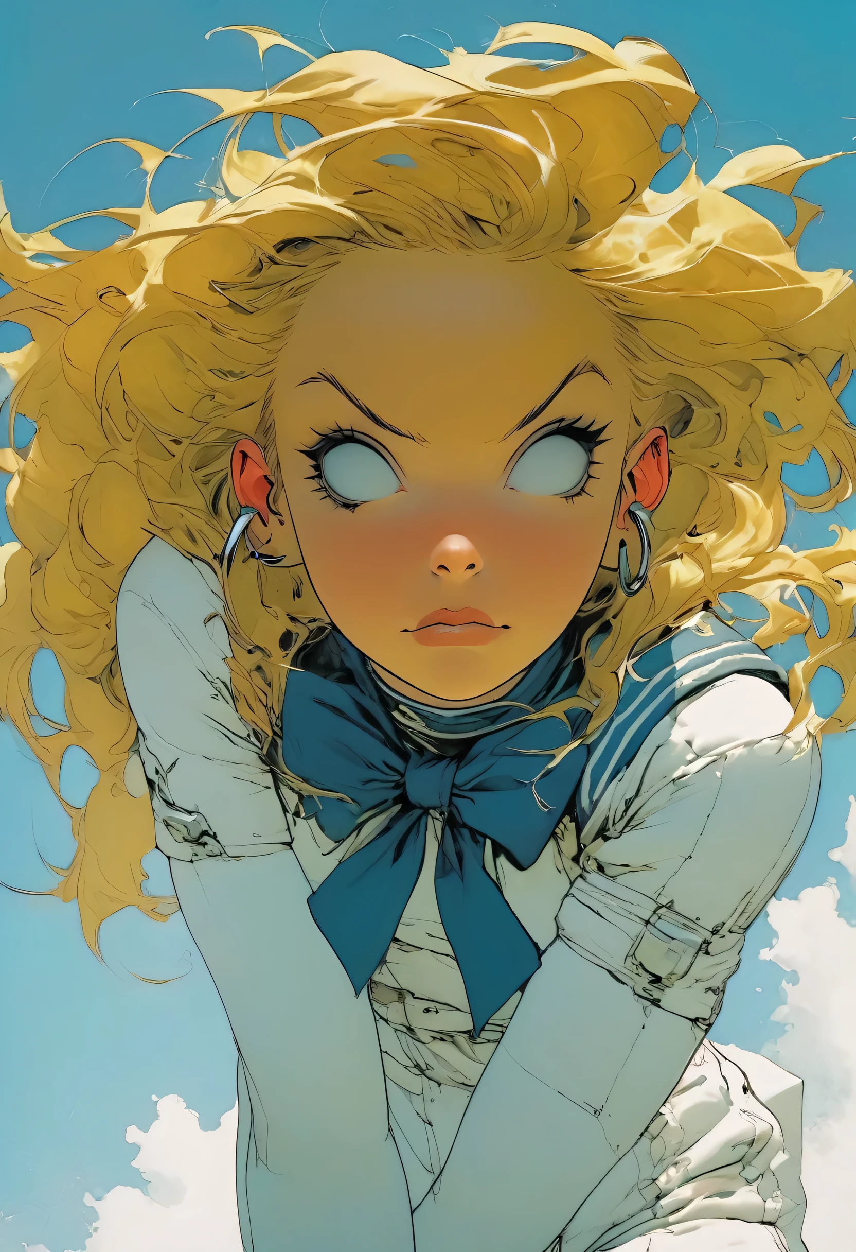 Girl laments the end of vacation、Lonely look, alone, Shining Tears, Sailor suit、Sailor Uniform, Long Hair, Shining Eyes, Floating Hair, Android, One Girl, Beautiful female Android face、SF,Machine-made facial features、slope, slope background, sharp 歯、( art by katsuya terada :1.2),masterpiece